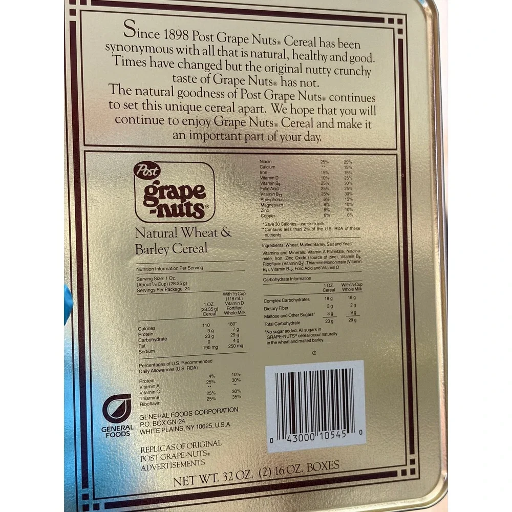 Vintage Post Grape-Nuts Cereal Advertising Tin Historical Graphics 1898-1925